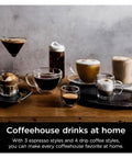 Assorted coffee drinks on a wooden table, showcasing different espresso and drip coffee styles in various glassware.