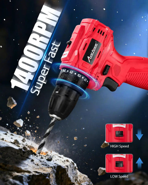 12V Brushless Cordless Drill Driver Set With 28 Nm Torque And 2.0Ah Battery For Home DIY Projects, Easy Handling, Quiet Operation, Spark Free Safety, Durable Compact Kit For Quick Precise Work, red drill with 1400rpm speed selector