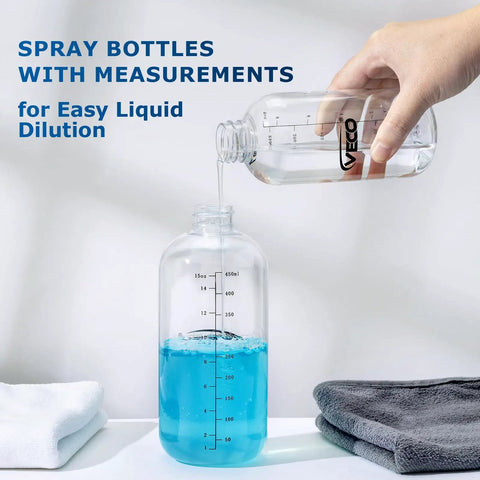Person pouring liquid into spray bottle from 4 Pack 17oz Spray Bottles With 360 Degree Gravity Ball Straw For Upside Down Spraying, Graduated Measurements For Easy Dilution, Leak Resistant Bottles For Cleaning, Plants, Hair And Pet Care, Plus Foldable Funnel