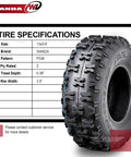 Image of a tire with specifications chart, titled Set Of 2 13X5-6 ATV Go Kart Tires Non Directional Tread For Maximum Grip Cornering Stability