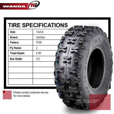 Image of a tire with specifications chart, titled Set Of 2 13X5-6 ATV Go Kart Tires Non Directional Tread For Maximum Grip Cornering Stability