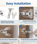 Installation guide for 20 Pack Full Overlay Cabinet Hinges Soft Close Concealed Clip On Plate in satin nickel.