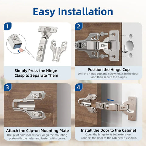 Installation guide for 20 Pack Full Overlay Cabinet Hinges Soft Close Concealed Clip On Plate in satin nickel.