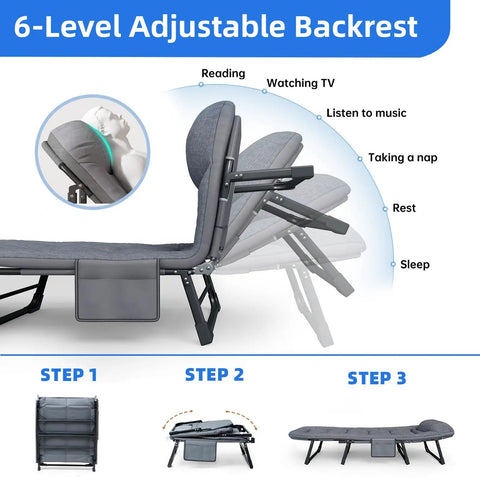 6-level adjustable backrest on Go To Adjustable Folding Camping Cot With Mattress For Indoor And Outdoor Use 70 Inch Long Portable Guest Bed