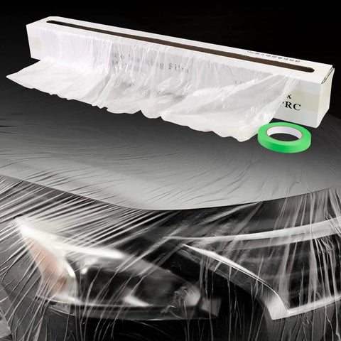 Clear 13 By 328 Feet Protective Masking Film For Automotive Painting covering a car surface with box and tape visible.