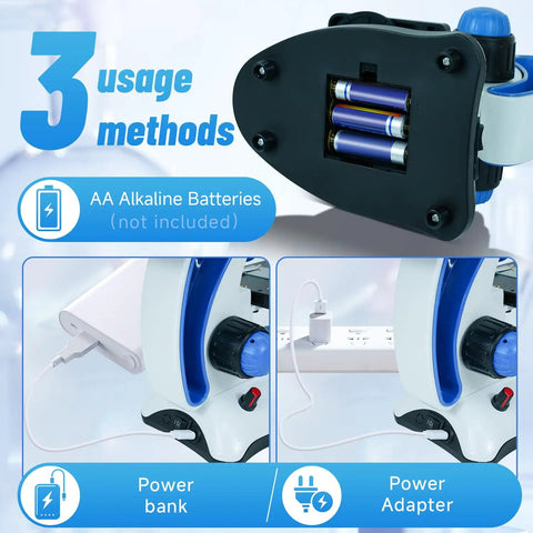 Kids Microscope Kit With 40X To 2000X Magnification showing AA battery compartment and power options with adapter and bank.