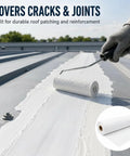 Heavy Duty Polyester Roof Reinforcement Fabric 40X162 Ft White elastomeric coating sealer applied with a roller on roof for crack repair.