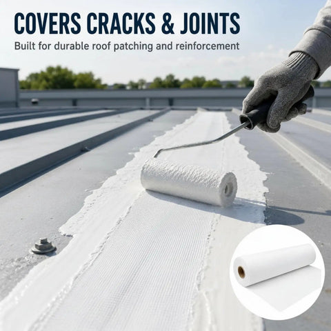 Heavy Duty Polyester Roof Reinforcement Fabric 40X162 Ft White elastomeric coating sealer applied with a roller on roof for crack repair.