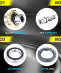Worm gear components collage: worm gear with hub, worm shaft, C&U bearing, KSK oil seal.