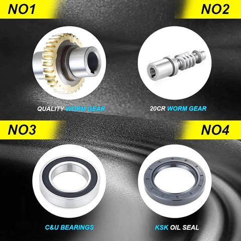 Worm gear components collage: worm gear with hub, worm shaft, C&U bearing, KSK oil seal.