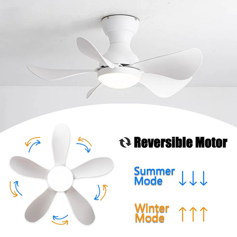Tiny Ceiling Fan With Lights And Remote, Flush Mount, Low Profile 30 Inch, 5 Reversible Blades, White Finish, Ceiling Installation View