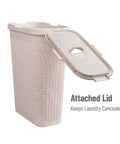 Slim Laundry Hamper With Lid, 40L Capacity Clothes Basket, Narrow Tapered Design For Tight Spaces, Ventilated Pattern in Ivory