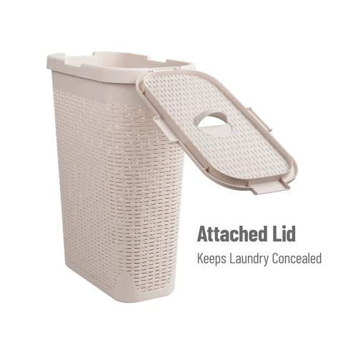 Slim Laundry Hamper With Lid, 40L Capacity Clothes Basket, Narrow Tapered Design For Tight Spaces, Ventilated Pattern in Ivory