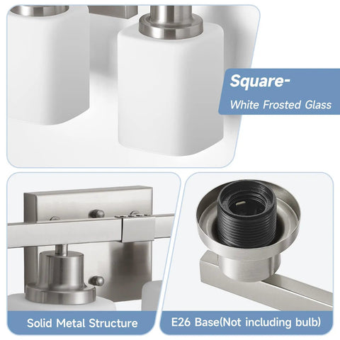 Four Light Brushed Nickel Vanity Light With Square Frosted Glass, E26 Sconce Metal Structure, Modern Bathroom Fixture Details