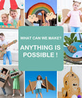 Collage of children with various cardboard creations, showcasing the Screws Kit Top Up 180 Piece For Kids, Cardboard Construction Tools, STEM Educational Toys For At Home And Classroom Learning, Mix Kit For Boys And Girls Aged 5, Blue in use.