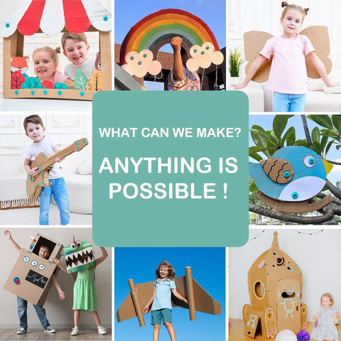 Collage of children with various cardboard creations, showcasing the Screws Kit Top Up 180 Piece For Kids, Cardboard Construction Tools, STEM Educational Toys For At Home And Classroom Learning, Mix Kit For Boys And Girls Aged 5, Blue in use.