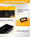 Close-up of 4 Piece Grab And Go Ready Large Plastic Tool Box Set Waterproof with organizer tray, secure locking, ergonomic handle.