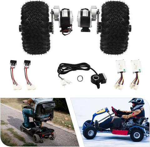 10 Inch Motor Drive Air Wheel Conversion Kit With 250W 24V Electric Cart Scooter Motor, Thumb Throttle, components displayed