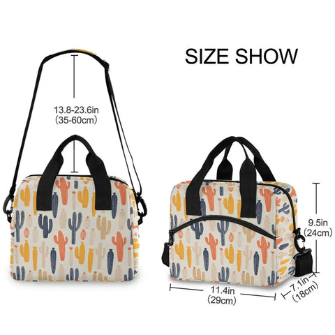 Desert Cacti Insulated Lunch Cooler Bag 10L Leakproof Portable Lunch Box with size dimensions and reinforced shoulder straps.