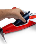 Hand adjusting ElectroStreak 1.1m PNP RC Electric Airplane with modern features, detail of battery compartment and nose.