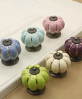 Super Slick Vintage Ceramic Pumpkin Cabinet Knobs 6 Piece Set, colorful knobs in various sizes for cabinets and dressers.