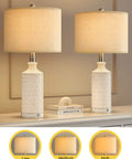 24 Inch Rustic Modern Ceramic Table Lamp Set Of 2 For Living Room And Bedroom White And Grey Finish Farmhouse Nightstand End Table Decor Lamps Cozy Desk Lighting For Bedside Workspace And Kids Room, two lamps on a table with beige shades displayed in different dimming levels, each lamp showing a white textured ceramic base, USB ports visible.