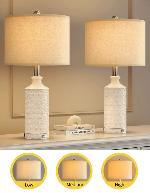 24 Inch Rustic Modern Ceramic Table Lamp Set Of 2 For Living Room And Bedroom White And Grey Finish Farmhouse Nightstand End Table Decor Lamps Cozy Desk Lighting For Bedside Workspace And Kids Room, two lamps on a table with beige shades displayed in different dimming levels, each lamp showing a white textured ceramic base, USB ports visible.