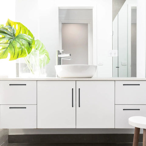 Modern bathroom with black cabinet pulls for kitchen square stainless steel drawer handles on white cabinets