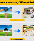 Diagram of Beefy 8 Pack 4x4 Post Bracket Kit For Pergolas And Outdoor Builds 3 Way Right Angle Corner Brackets showing pergola and platform uses
