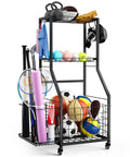 Mobile Garage Sports Gear Organizer With Wheels Three Tier Ball Rack For Basketballs Footballs And Mats Heavy Duty Storage Rack With Hooks