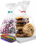 Clear Cellophane Bags For Favors Pack Of 200 For Birthday Parties 6x10 Inch Transparent Goodie Bags With 4 Inch Twist Ties filled with cookies and candies.