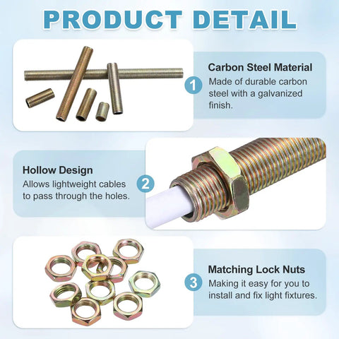Shop Rat Approved 10 Piece Lamp Pipe Nipples Kit With Lock Nuts M10x1, carbon steel pipes showcasing hollow design and lock nuts.