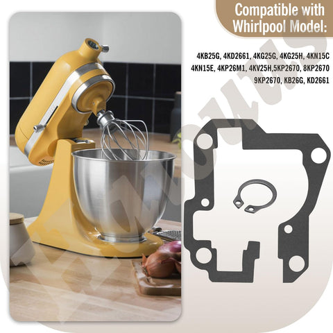 Yellow stand mixer with steel bowl next to Whirlpool Compatible Stand Mixer Bevel Gear Kit 9703337 9703338 diagram