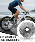 Cyclist on road with highlight of 9 Speed Bike Cassette CS-HG400-9 11-32T Sprocket for mountain, folding, commuter bikes.