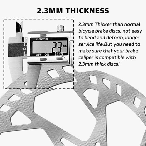 Close-up of 160mm MTB Disc Brake Rotor With Six Bolts 2.3mm Thick Stainless Steel for EBike showing caliper measurement.