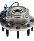 Built Tough Front Wheel Bearing And Hub Assembly Kit For 2007 To 2013 Chevy Gmc Silverado Sierra Suburban Yukon Xl 2500 3500 Hd Rwd Tow Ready close-up of front wheel bearing hub with sealed bearings and blue wiring.