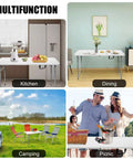 Collage of sturdy 4 foot portable folding table in kitchen, dining, camping, and picnic settings