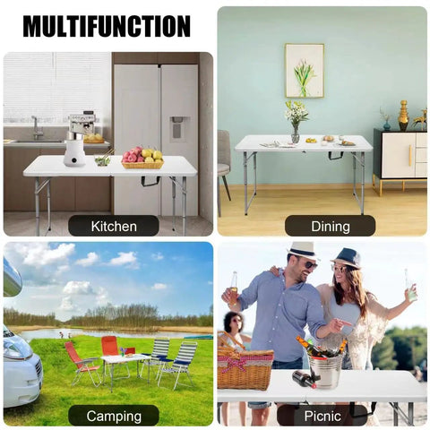 Collage of sturdy 4 foot portable folding table in kitchen, dining, camping, and picnic settings