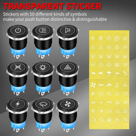 Image of 8-pack 19mm 12V Latching Push Button Switch with Blue LED, symbols for customization