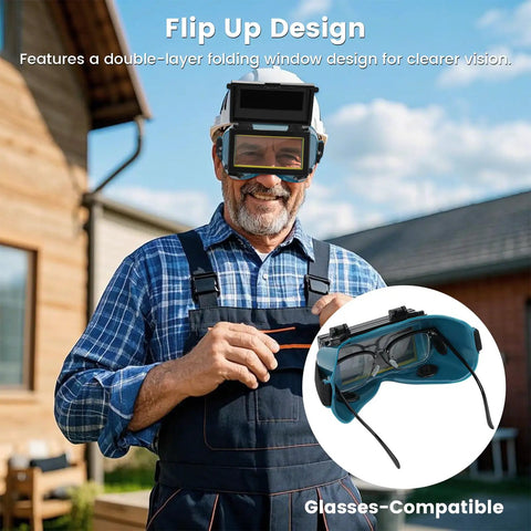 Auto Darkening Welding Goggles With Clear Inner Lenses And Flip Up Eye Pro For Welders Solar Powered ANSI Z87 Certified Durable PP And ABS Shell All Day Comfort Fit Dark Green