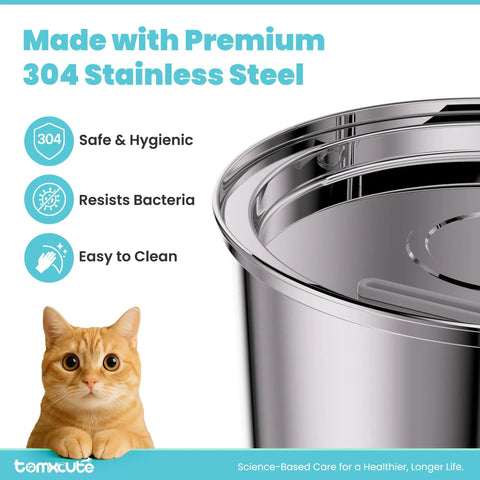 Close-up of Stainless Steel Cat Water Fountain With 108 Oz Capacity For Cats And Small Dogs, glossy surface, cat illustration