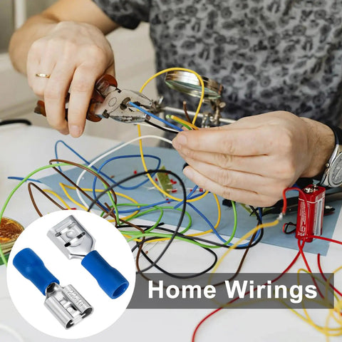 Person working with Blue Twenty Pack One Quarter Inch Female Spade Connectors Kit for 22-16 AWG Wire on home wirings
