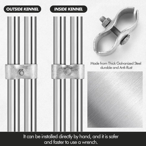 18 Piece Chain Link Fence Clamps Set For Dog Kennels 1 3 8 Inch Galvanized Steel Easy Install For Pipe And Panel Frames Rust And Corrosion Resistant Construction, shown securing pipes with durable metal clamps.