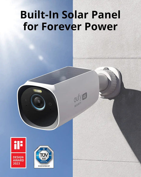 4K Outdoor Wireless Security Camera Kit With Solar Panel, AI Face Recognition, attached to wall featuring solar panel