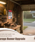 Hella Durable Metal Wall Art Sign For The Man Cave Featuring Funny Forget The Dog Beware Of Wife Quote In Rust Proof Aluminum Garage Decor That Is Legit Tough And Totally Bro Approved 12 By 8 Inch displayed in garage with tools.
