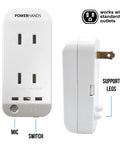 Front and side view of Clap Control Dual Outlet Wall Plug With Noise Sensor, white, support legs, standard outlet compatibility.