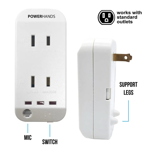 Front and side view of Clap Control Dual Outlet Wall Plug With Noise Sensor, white, support legs, standard outlet compatibility.