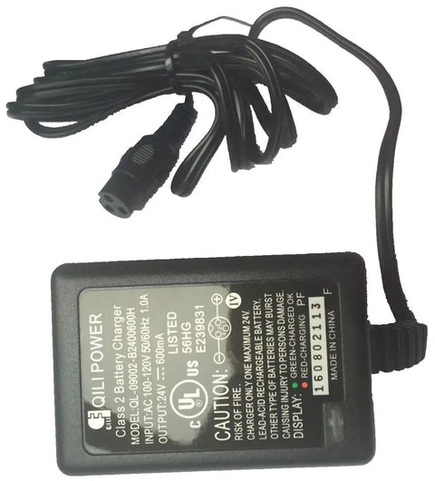 Close-up of Electric Scooter Battery Charger For E100 E125 E150 Models 24V Lead Acid Battery With 3 Prong Inline Connector UL Listed