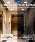 Six Pack Six Inch Led Emergency Recessed Can Lights Featuring A Real Deal Ninety Minute Battery Backup And Smooth Self Test Button For Zero Stress Power Outage Survival in a modern elevator setting.