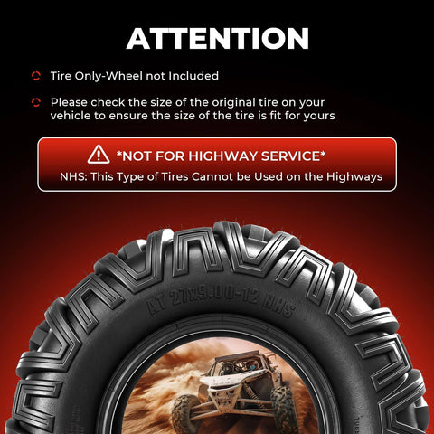 Close-up of All Terrain Mud Tires Set Of 4 For ATV UTV Front 27x9-12 And Rear 27x11-12 6 Ply Tubeless With Non Directional Tread